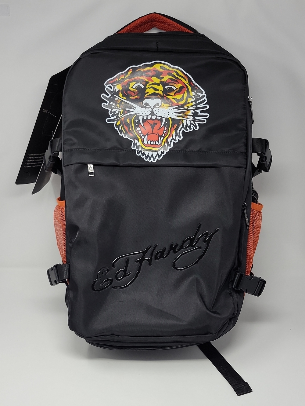 Ed Hardy Black Backpack with Multicolor Tiger Patch and Orange Accents